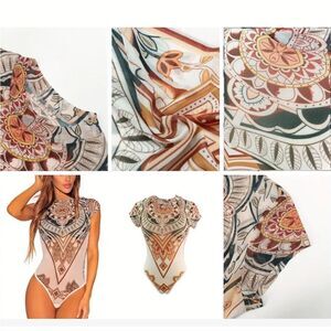 Tribal Boho Crew Neck Mesh Body Suit